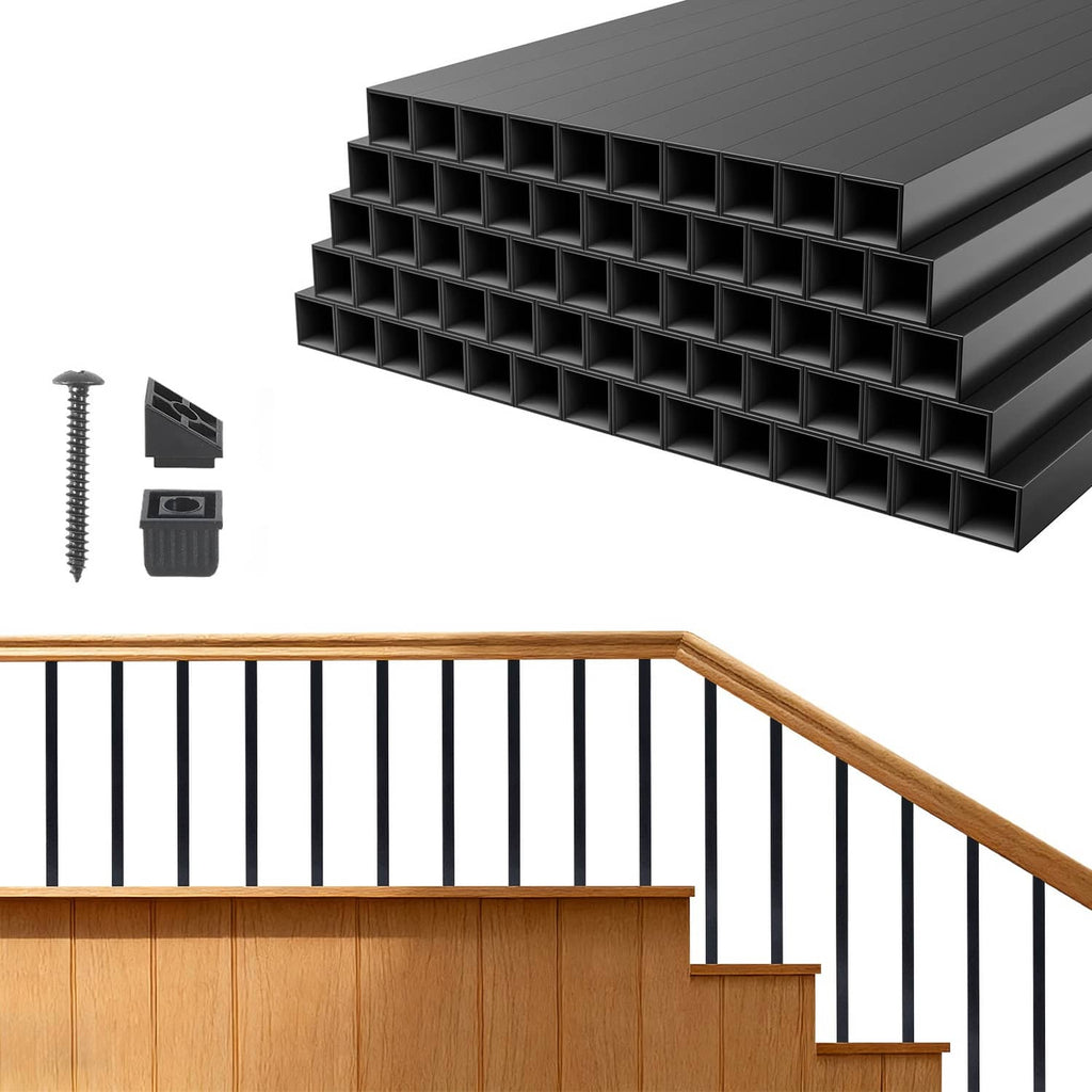 Black aluminum deck balusters with square hollow posts and included connectors and screws