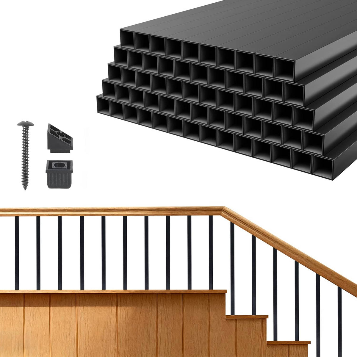 Black aluminum deck balusters with square hollow posts and included connectors and screws