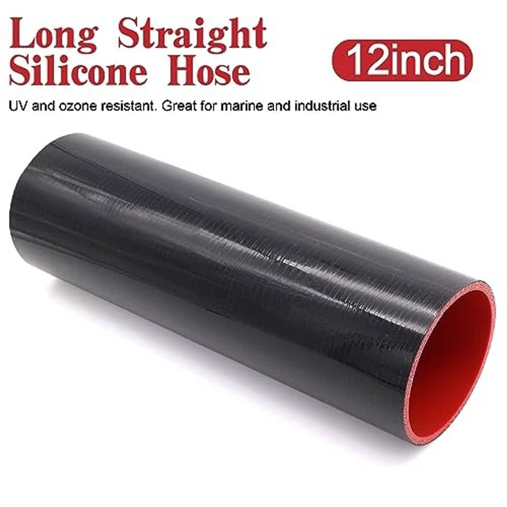 Long black straight silicone hose with red inner lining, 12 in length