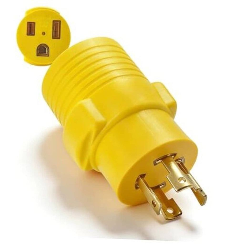 Yellow generator-to-welder power adapter plug with prongs and locking pins, angled view