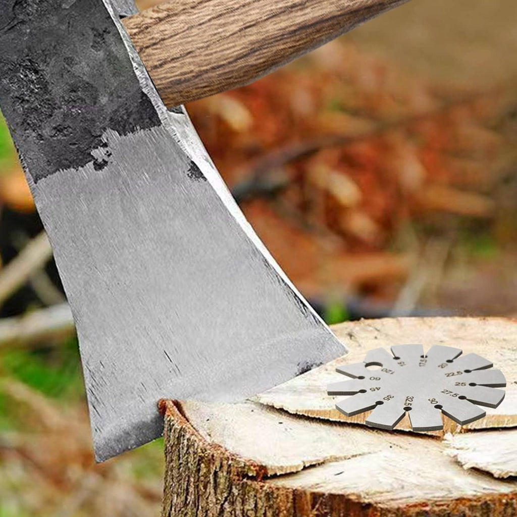 Stainless steel bevel gauge inserted on a cut log edge to measure angle