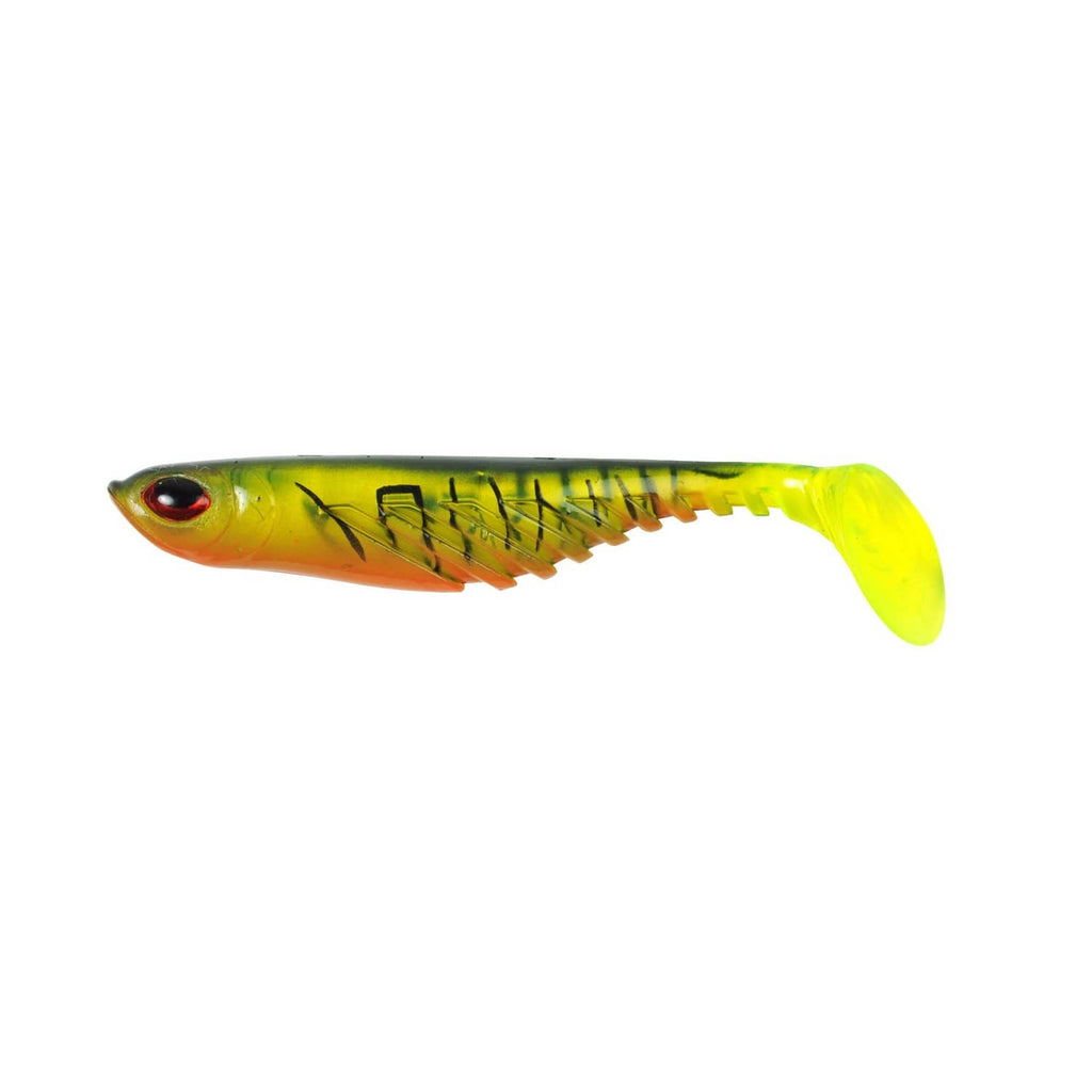 Firetiger soft plastic ripple shad fishing lure, lime tail and orange body