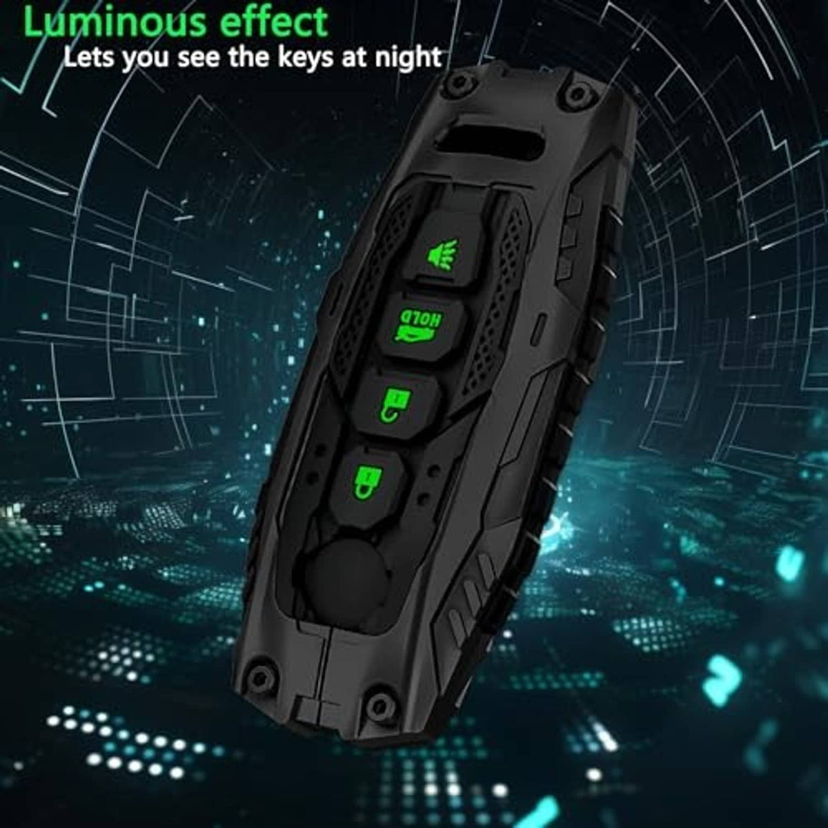 Black key fob cover with illuminated green button markings and keyring opening