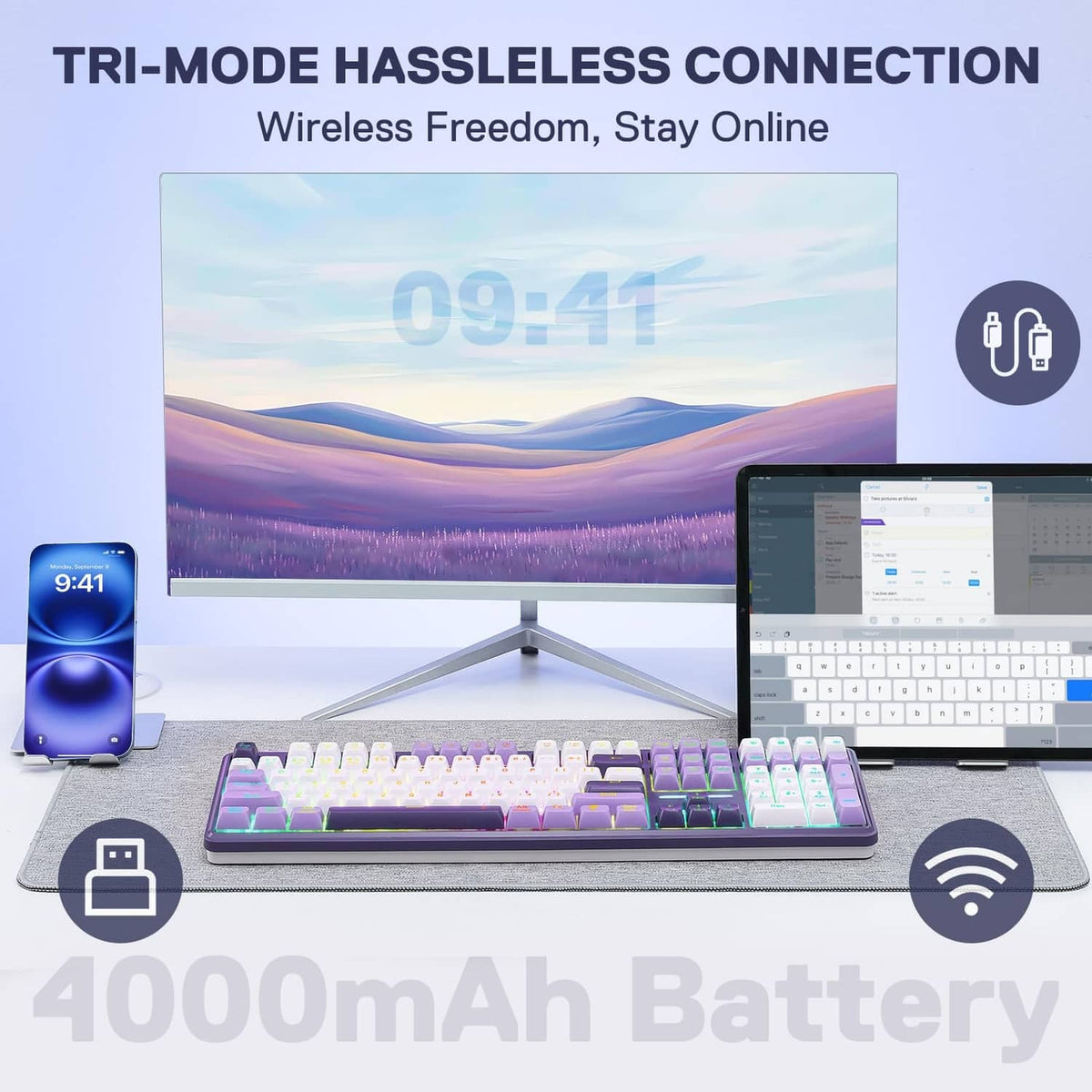 Purple wireless 108-key gasket gaming keyboard on desk with RGB-lit keycaps