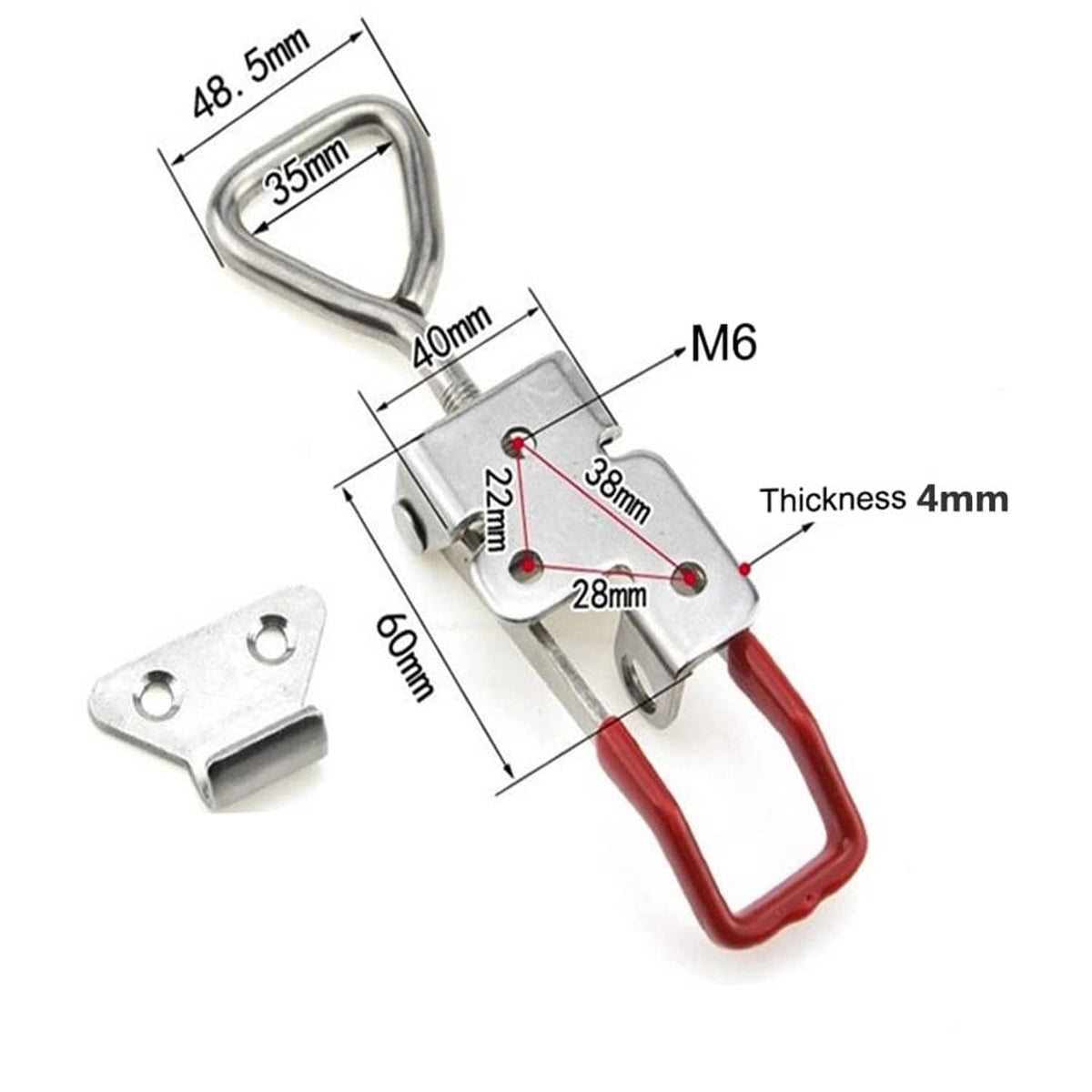 Toggle latch clamp with red handle, M6 screw size, 4mm thickness marked