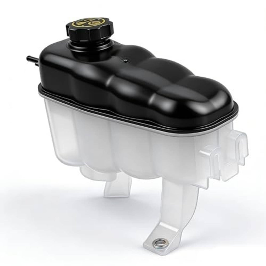Engine coolant reservoir tank with black cap and translucent plastic reservoir, side outlet