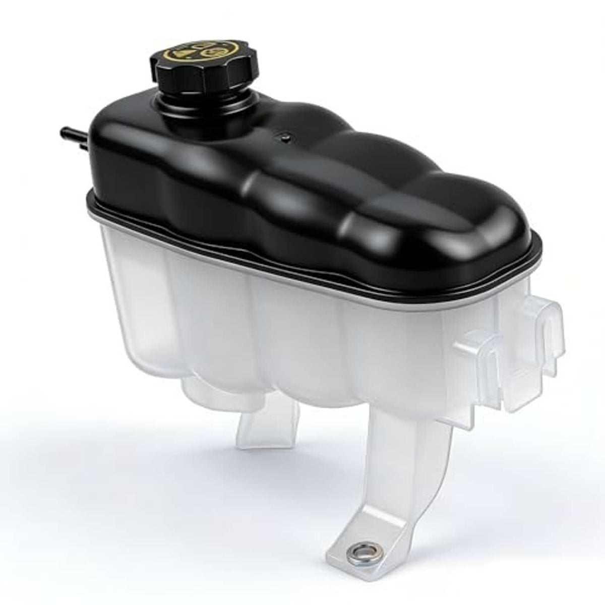 Engine coolant reservoir tank with black cap and translucent plastic reservoir, side outlet