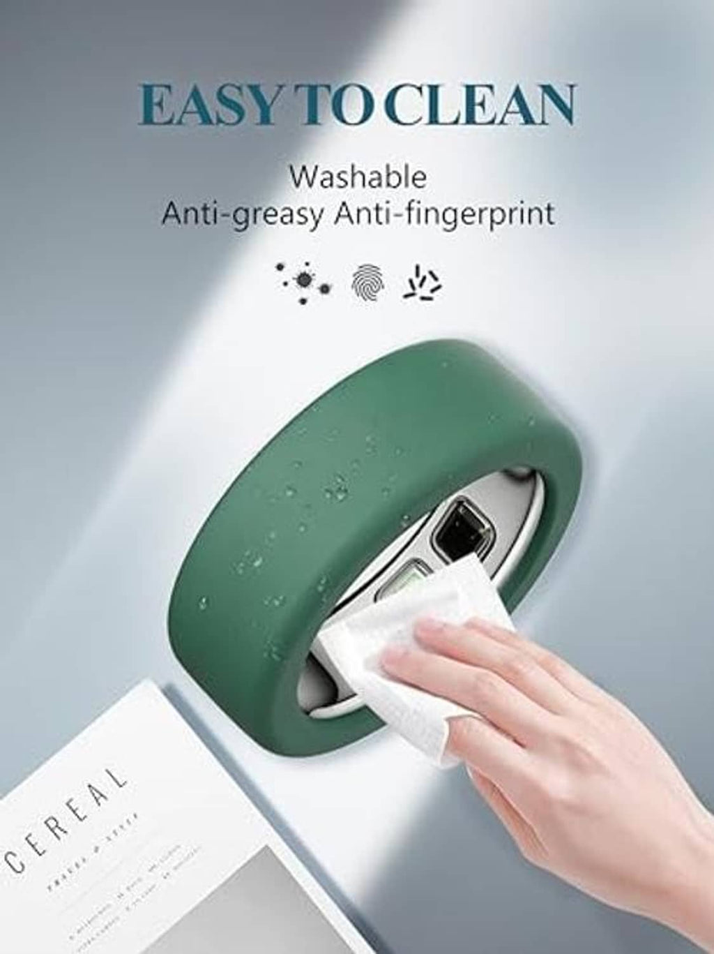 Dark green translucent silicone ring cover with water droplets and sensor window