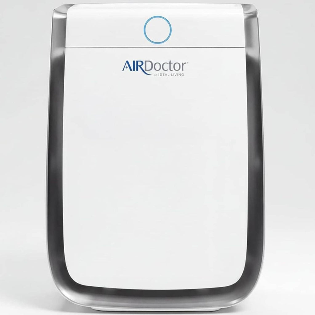 AirDoctor air purifier front with blue logo and circular control on white body