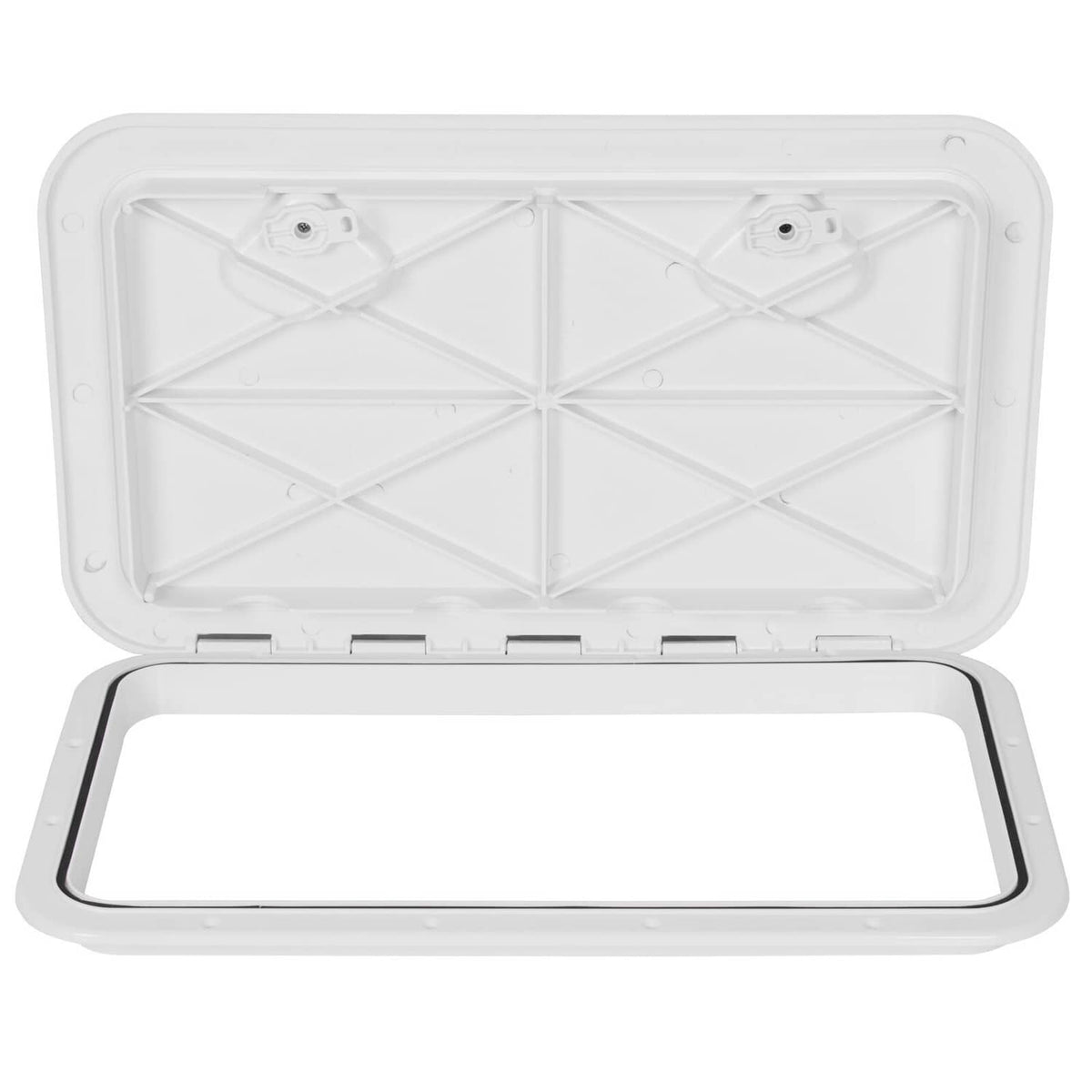 White boat deck hatch lid underside with latch area and panel supports