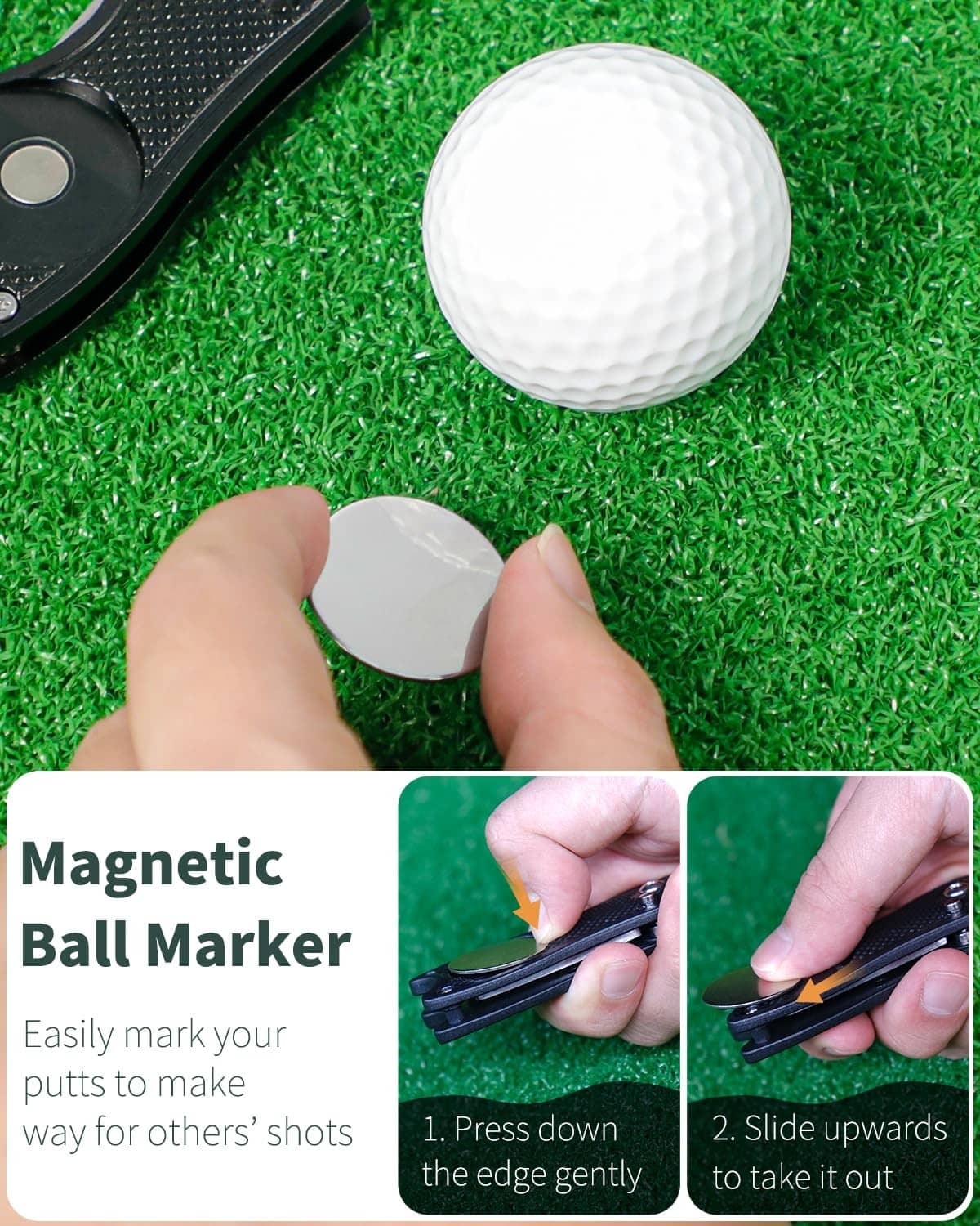 Magnetic golf ball marker and black divot repair tool on green turf