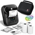 Black label maker with label rolls, sample labels, and carrying case