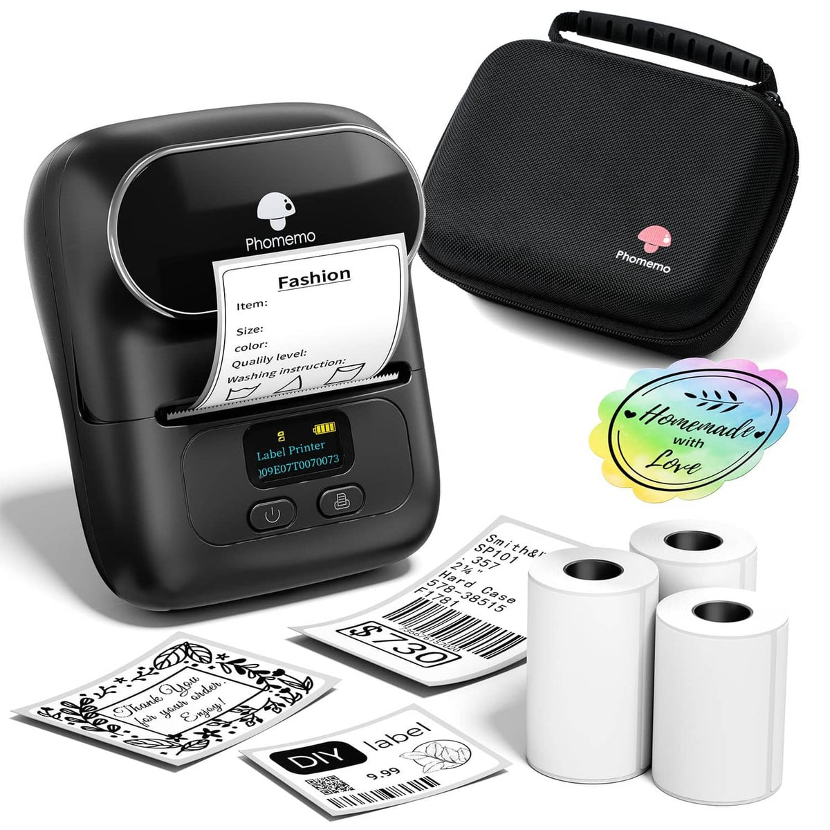 Black label maker with label rolls, sample labels, and carrying case