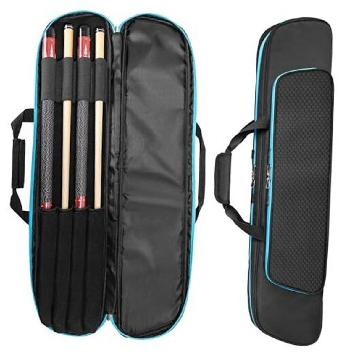 Soft pool cue case open, holds 2 butts and 2 shafts; black with blue trim.
