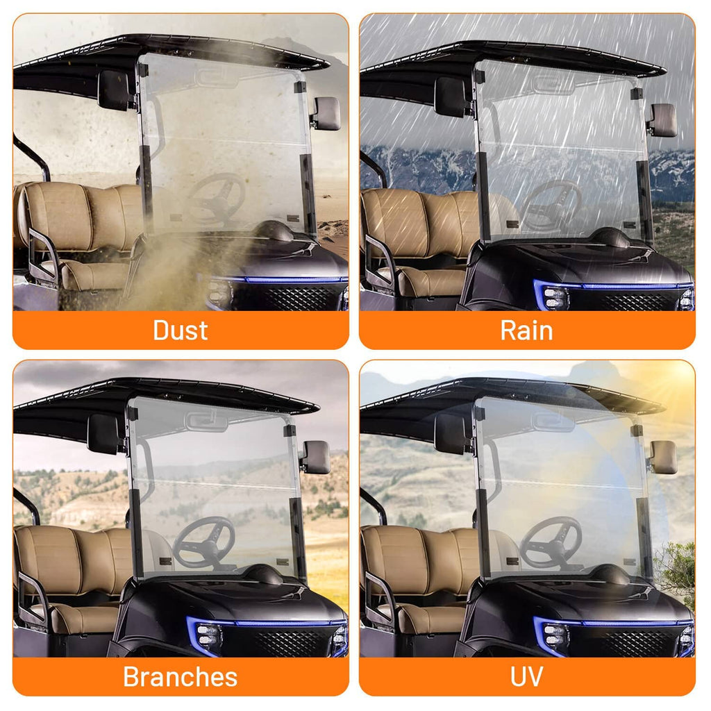 Tinted windshield panel shown in four condition scenes: dust, rain, branches, UV