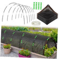 Black shade cloth cover with arched metal hoops, rope and clips set for raised beds