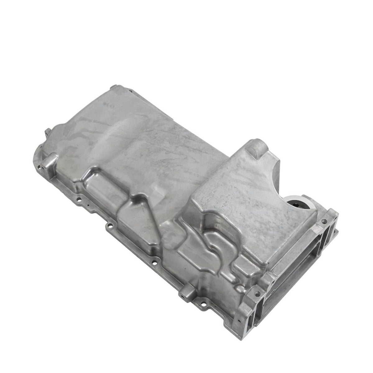 Aluminum engine oil pan with bolt holes and raised baffle, silver finish