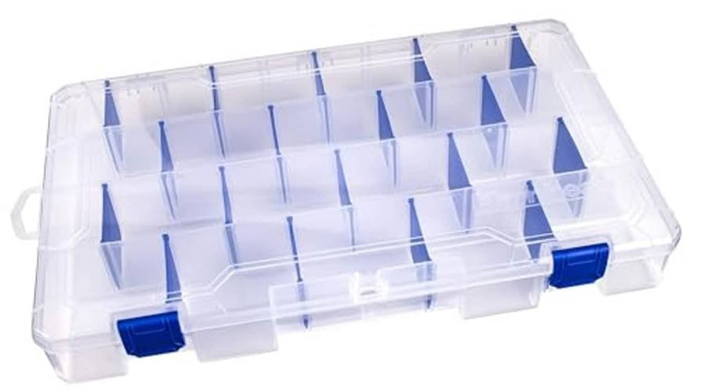 Clear tackle organizer with blue divider trays and multiple empty compartments