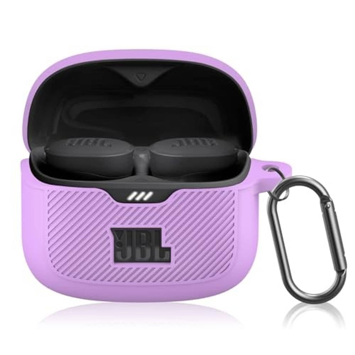 Purple silicone earbuds case with earbuds inside, textured front, JBL logo
