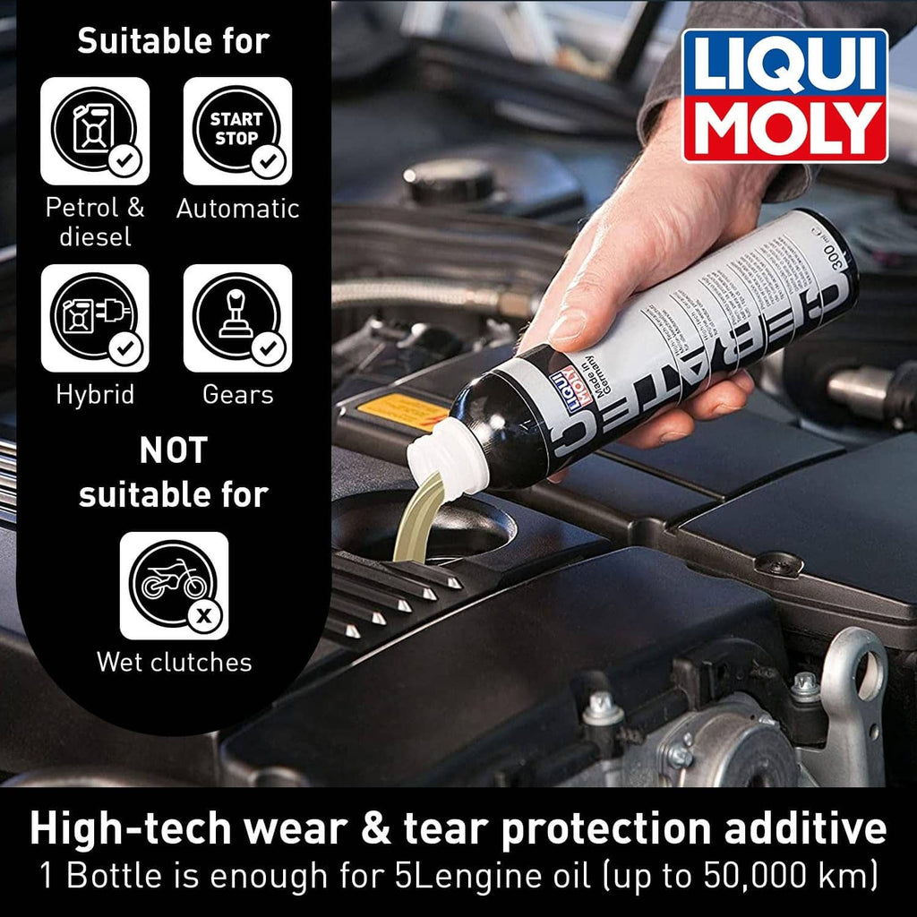 Liqui Moly oil additive bottle being poured into a car engine bay