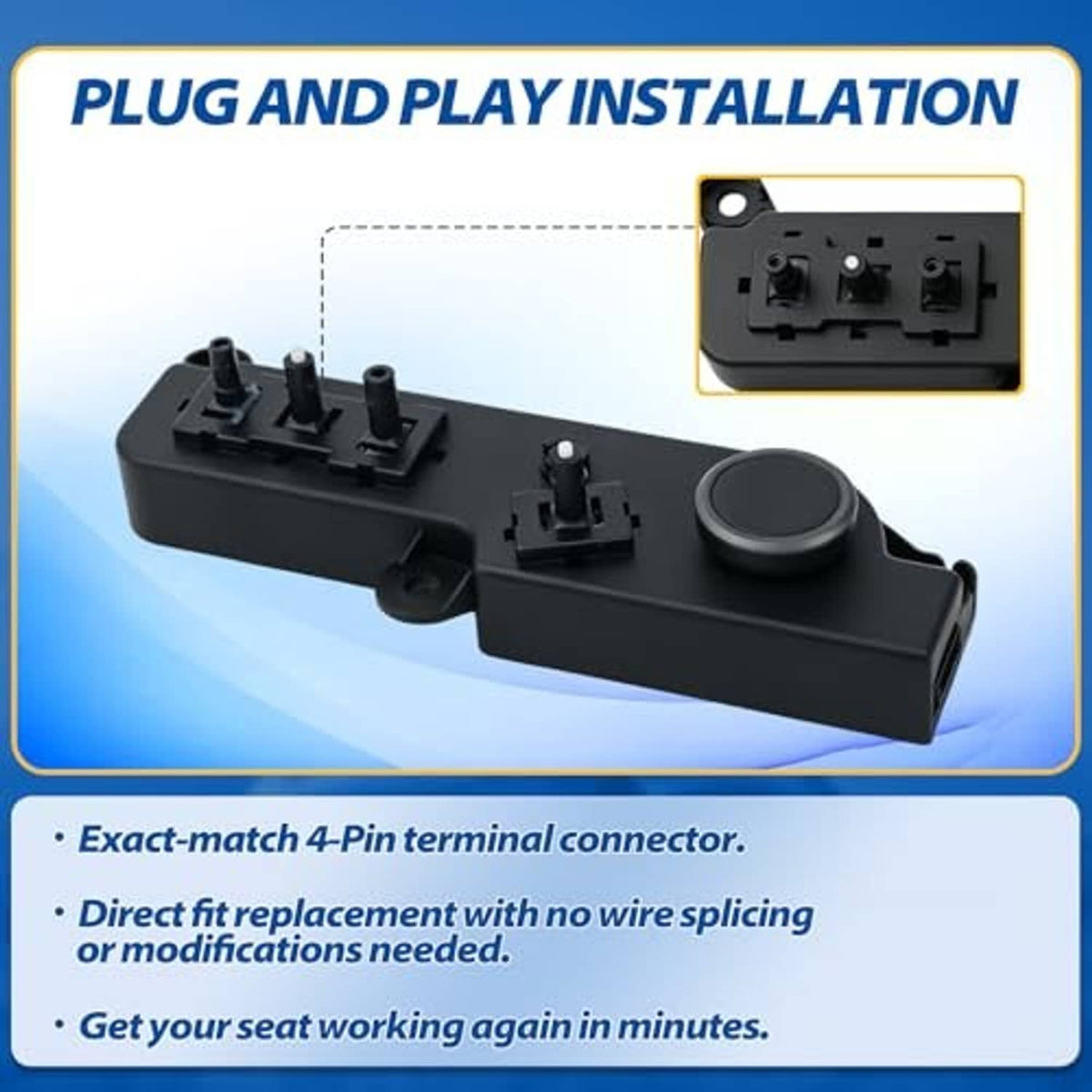 Power seat switch control module with 4-pin terminal connector and round button, black.