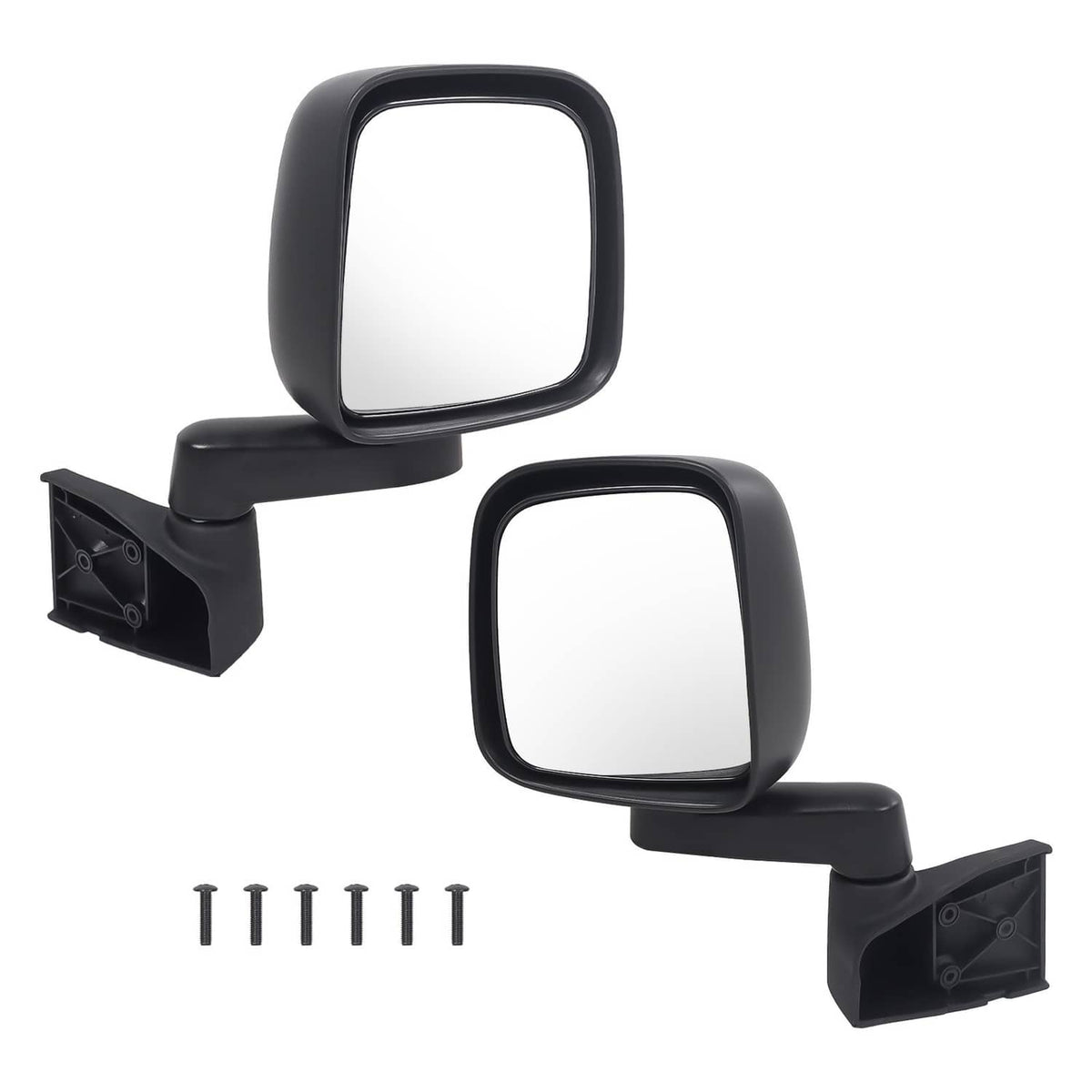 Pair of black manual folding side view mirrors with rectangular glass panels
