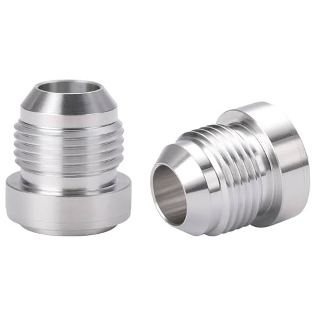 AN male flare weld-on bung adapter, silver, ribbed threads, 2-pack view