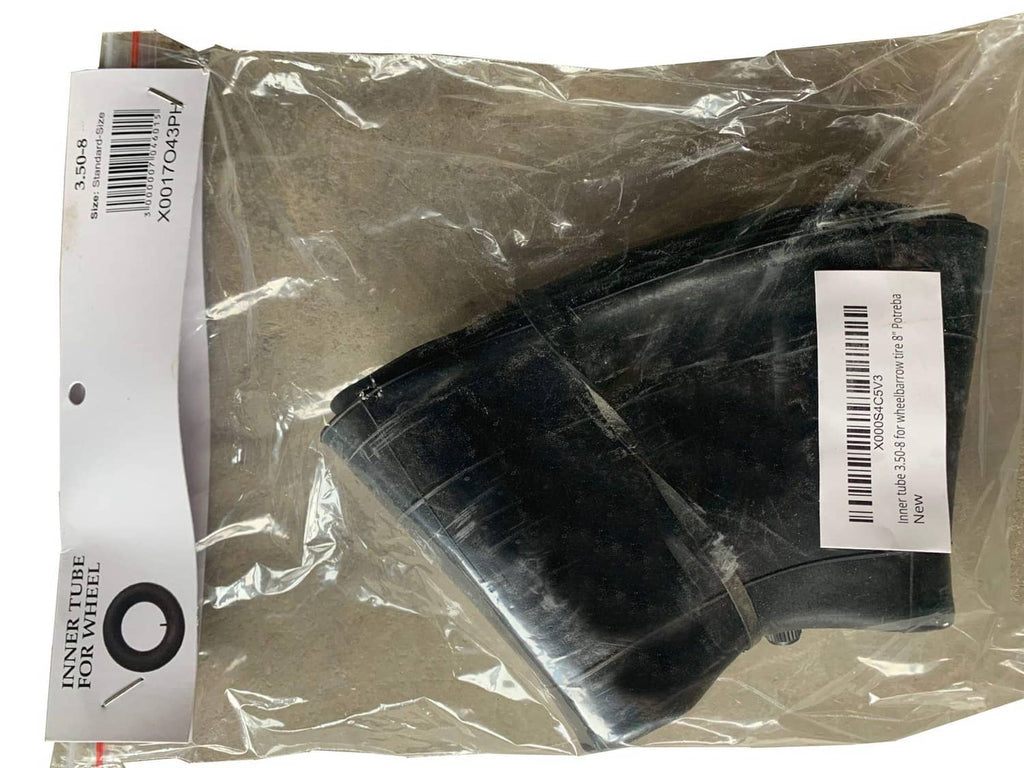 Packaged black inner tube for wheelbarrow/cart with label and barcode tag