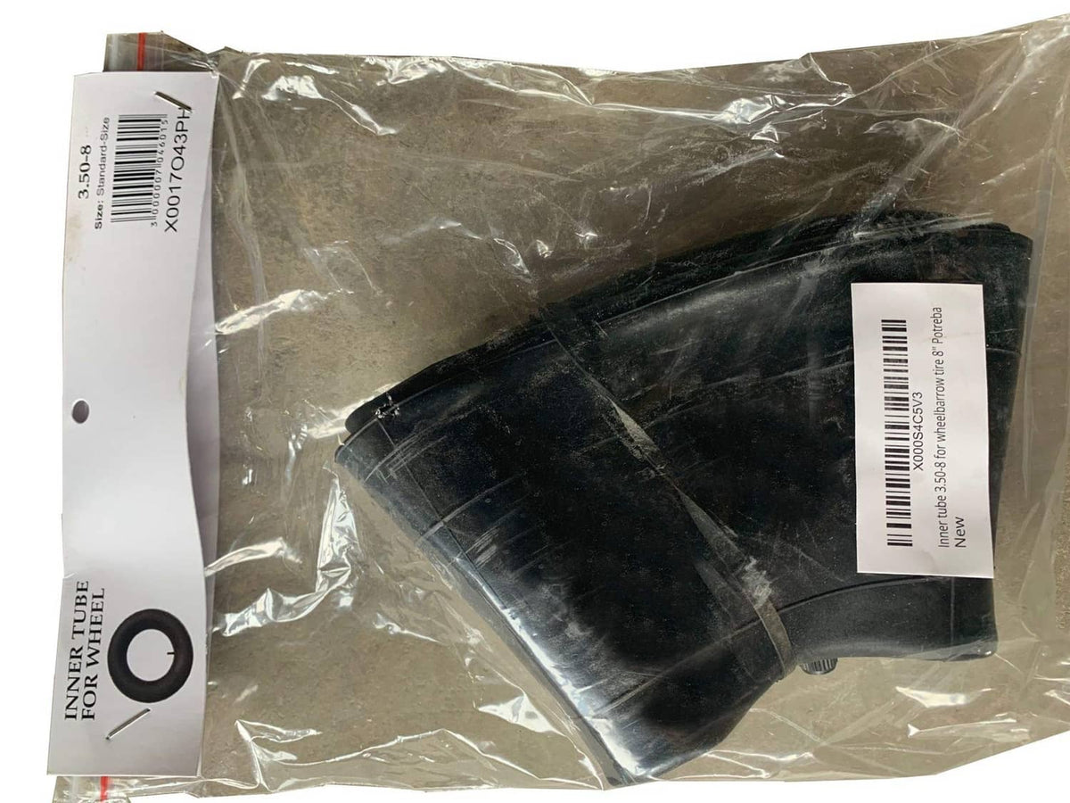 Packaged black inner tube for wheelbarrow/cart with label and barcode tag