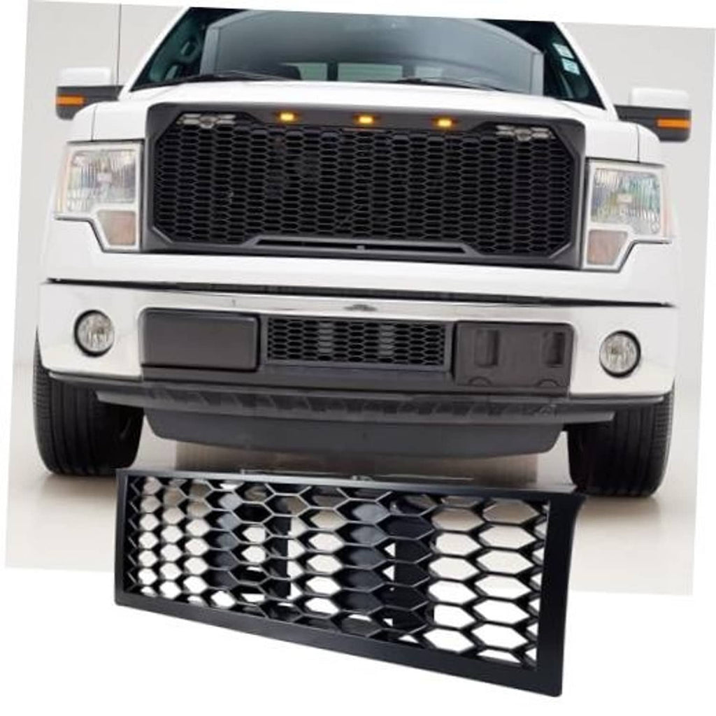 Front bumper lower mesh grille insert with black honeycomb hex pattern, rectangular frame