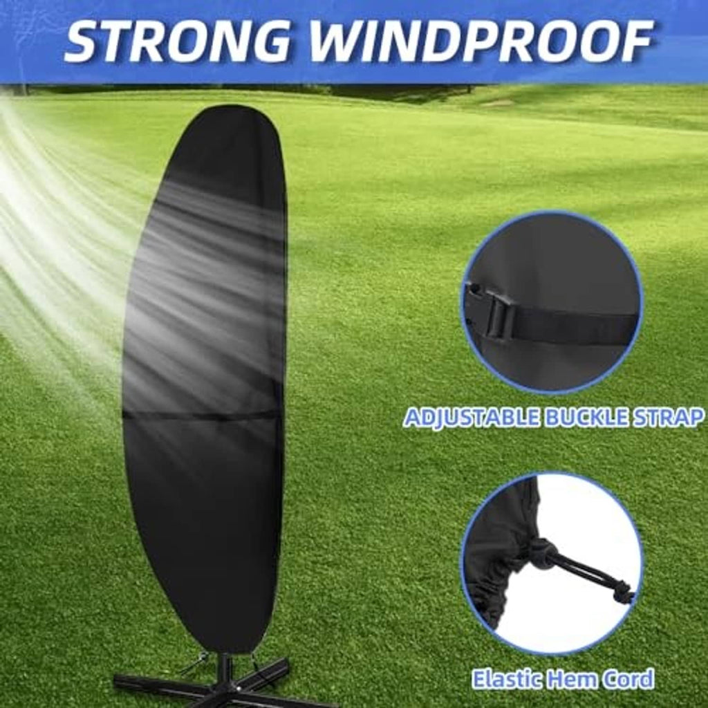 Black cantilever umbrella cover with adjustable buckle strap and elastic hem cord