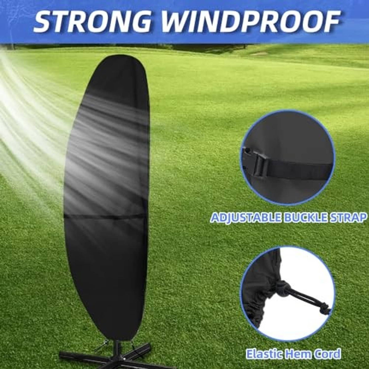Black cantilever umbrella cover with adjustable buckle strap and elastic hem cord