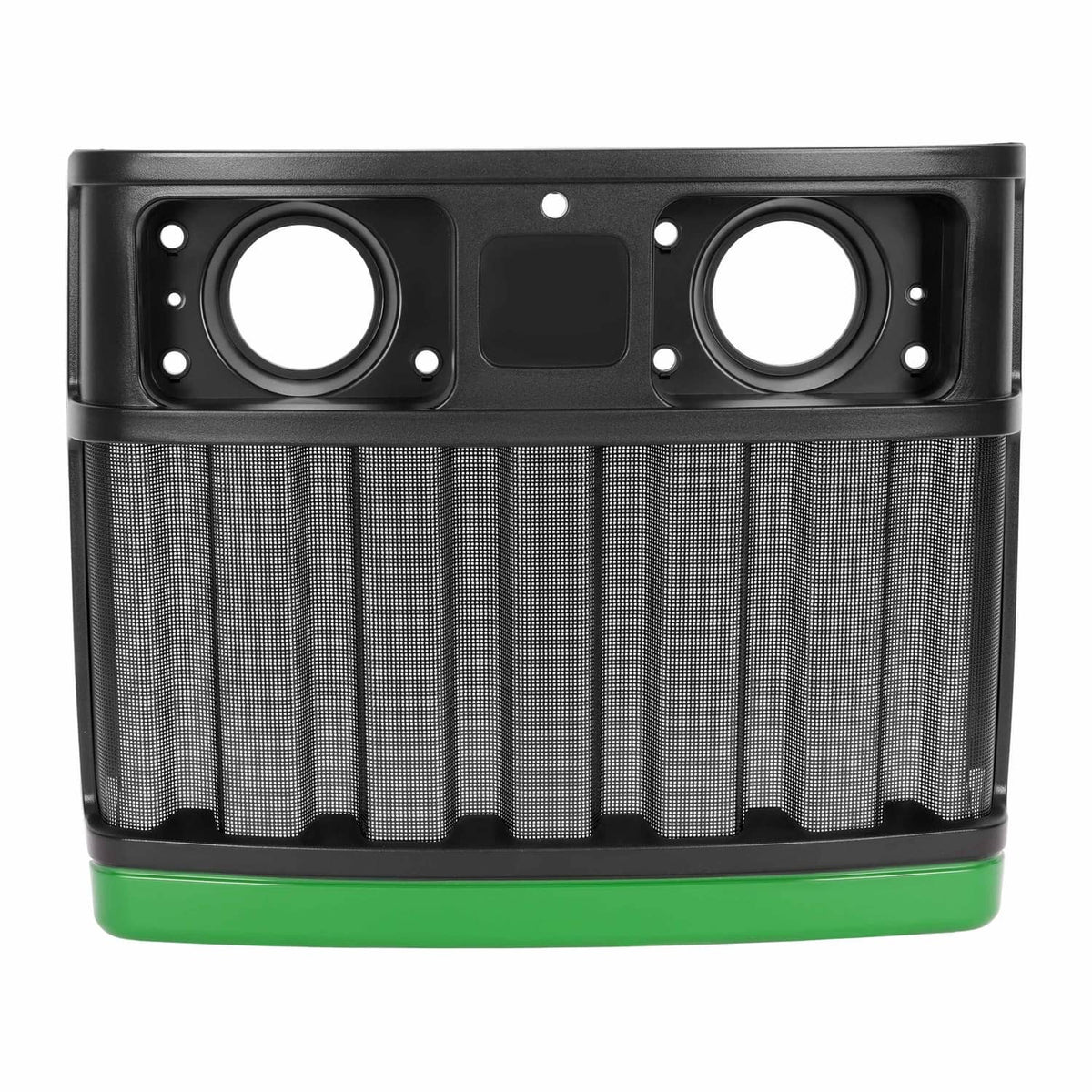 Front grille assembly with two round headlight holes and black mesh venting, green bottom trim