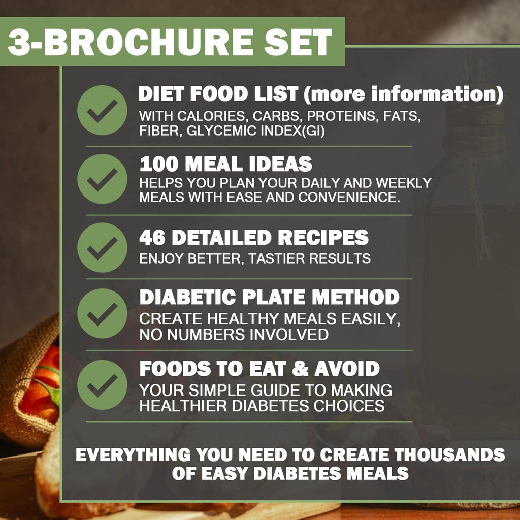 3-brochure diet food list with calories, carbs, proteins, fats, fiber, GI info