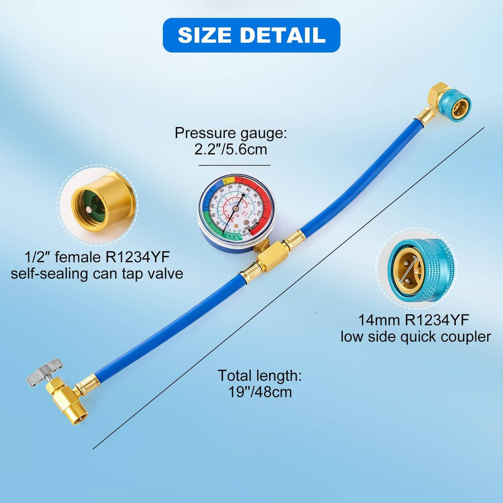 19 in blue AC refrigerant charging hose with pressure gauge and quick coupler ends