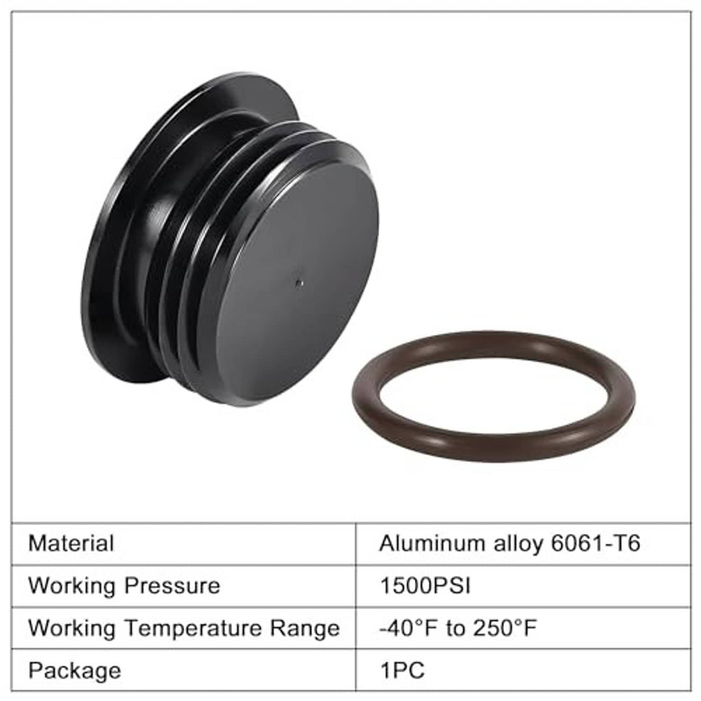 Black aluminum alloy ORB port plug with O-ring seal, hex socket design