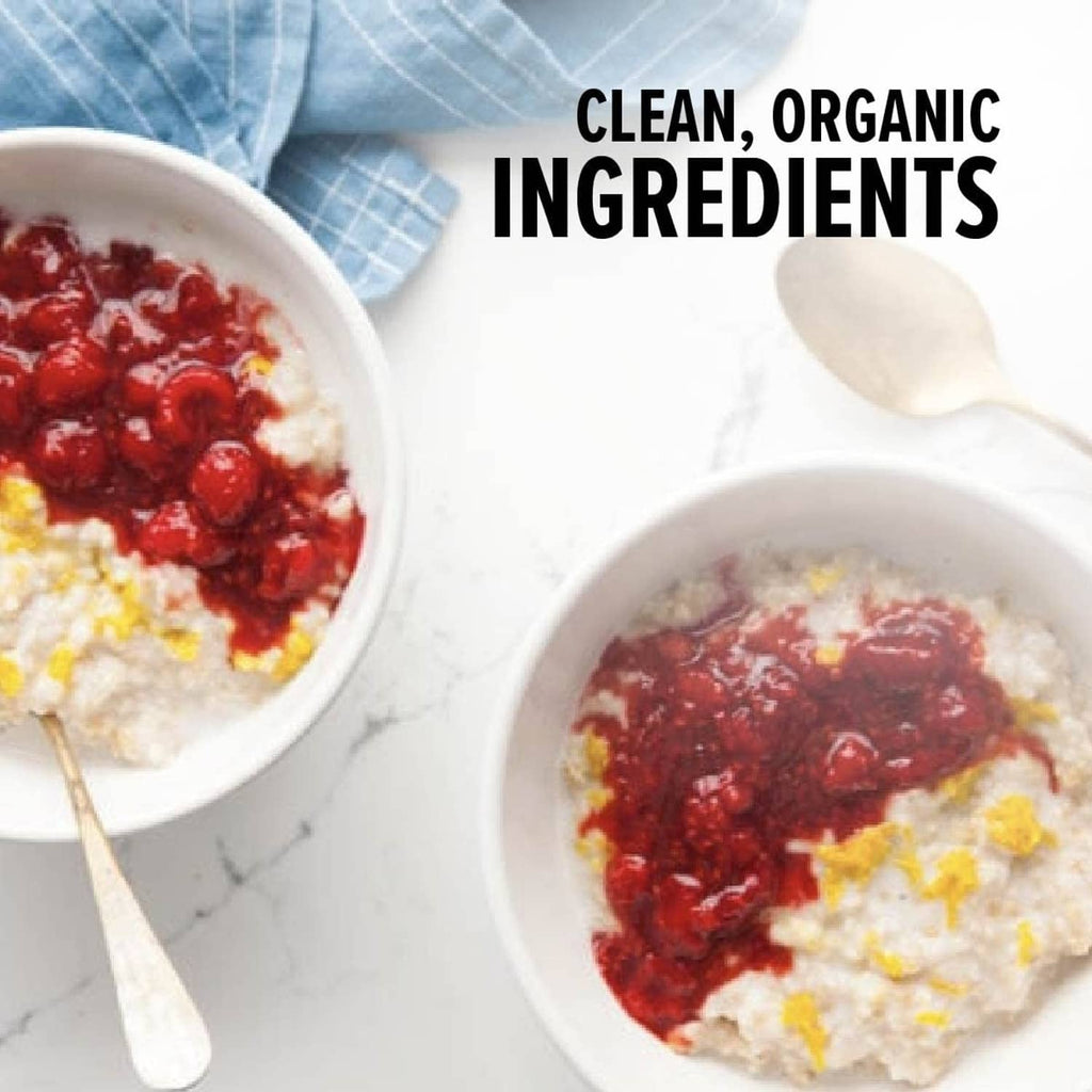 Breakfast ingredient bowls graphic with text “Clean, Organic Ingredients”