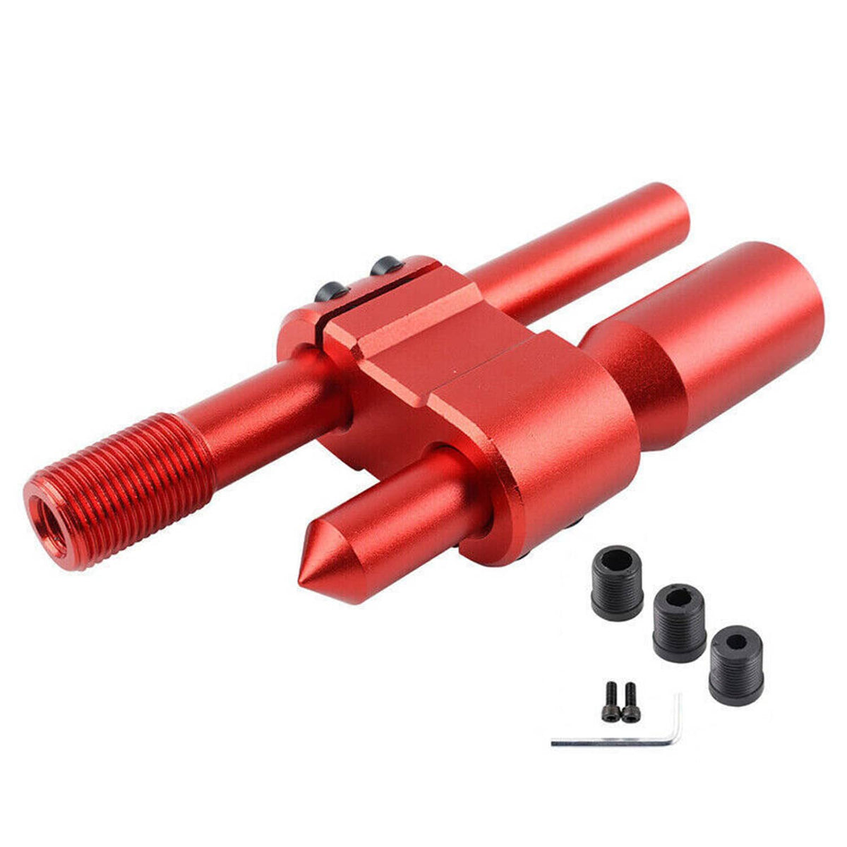 Red anodized aluminum H-type gear shifter extension with threaded ends and adapter pieces