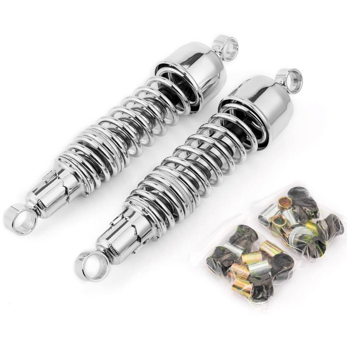 Chrome rear shock absorbers with coiled springs and eyelets, plus bagged hardware.