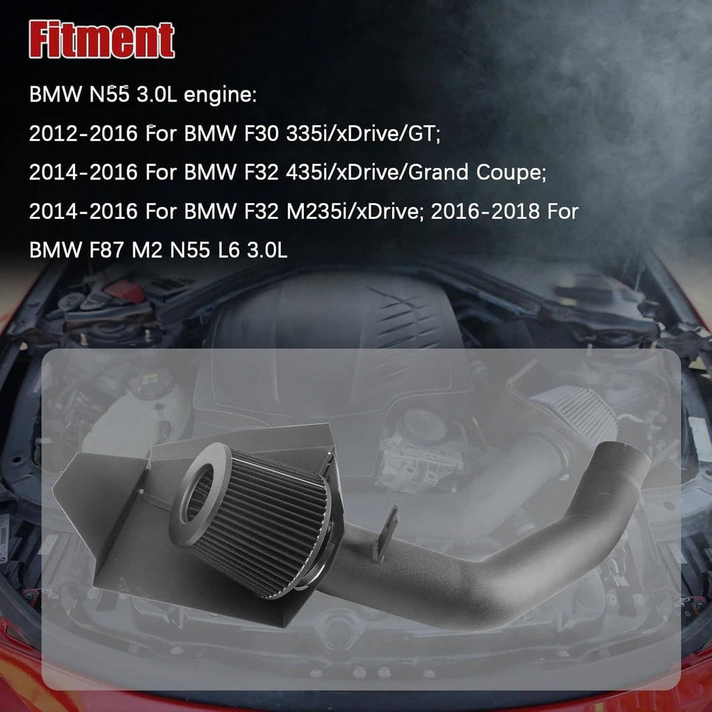 Cold air intake installed in engine bay with black intake pipe and filter housing