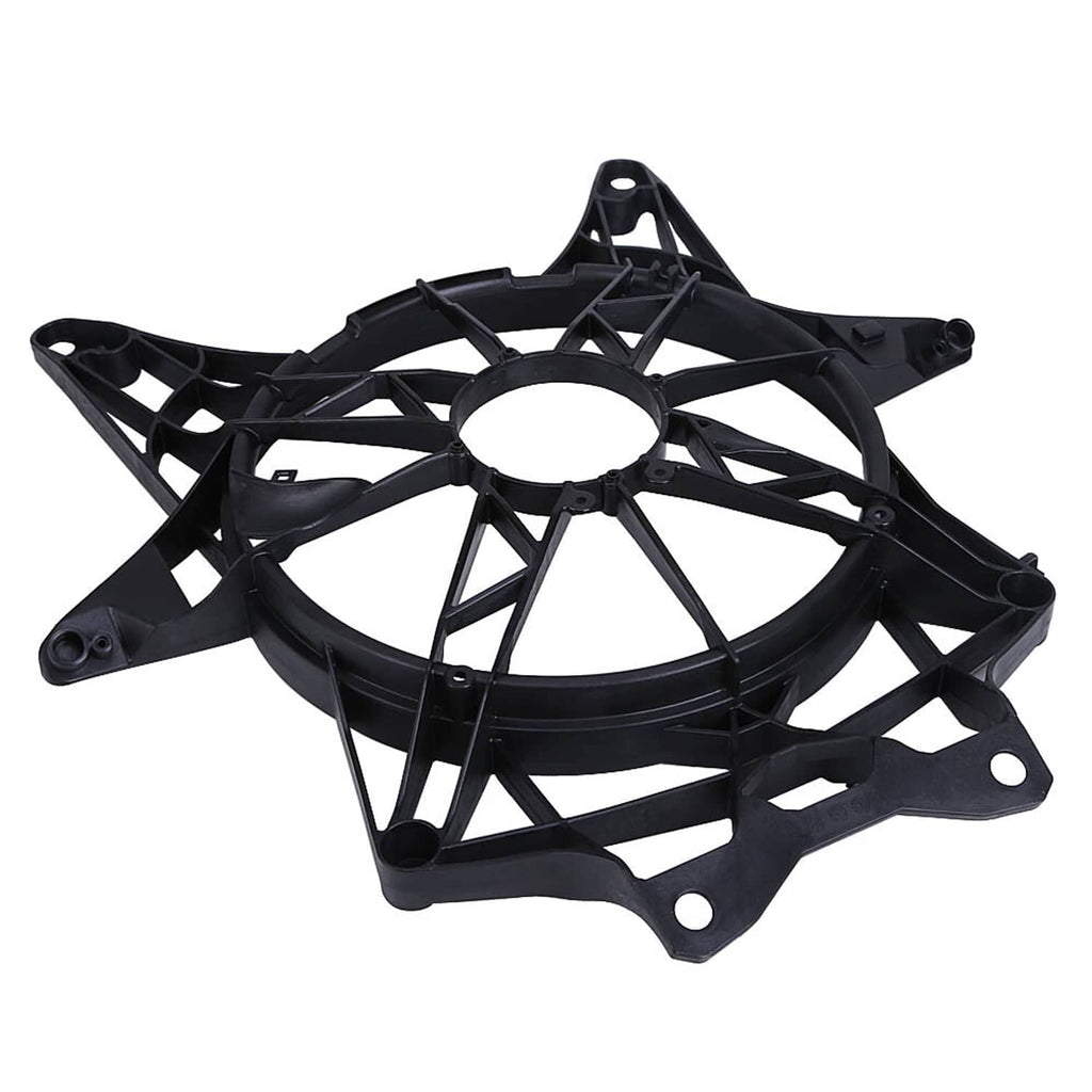 Black radiator fan cover frame assembly with circular center opening and tabs