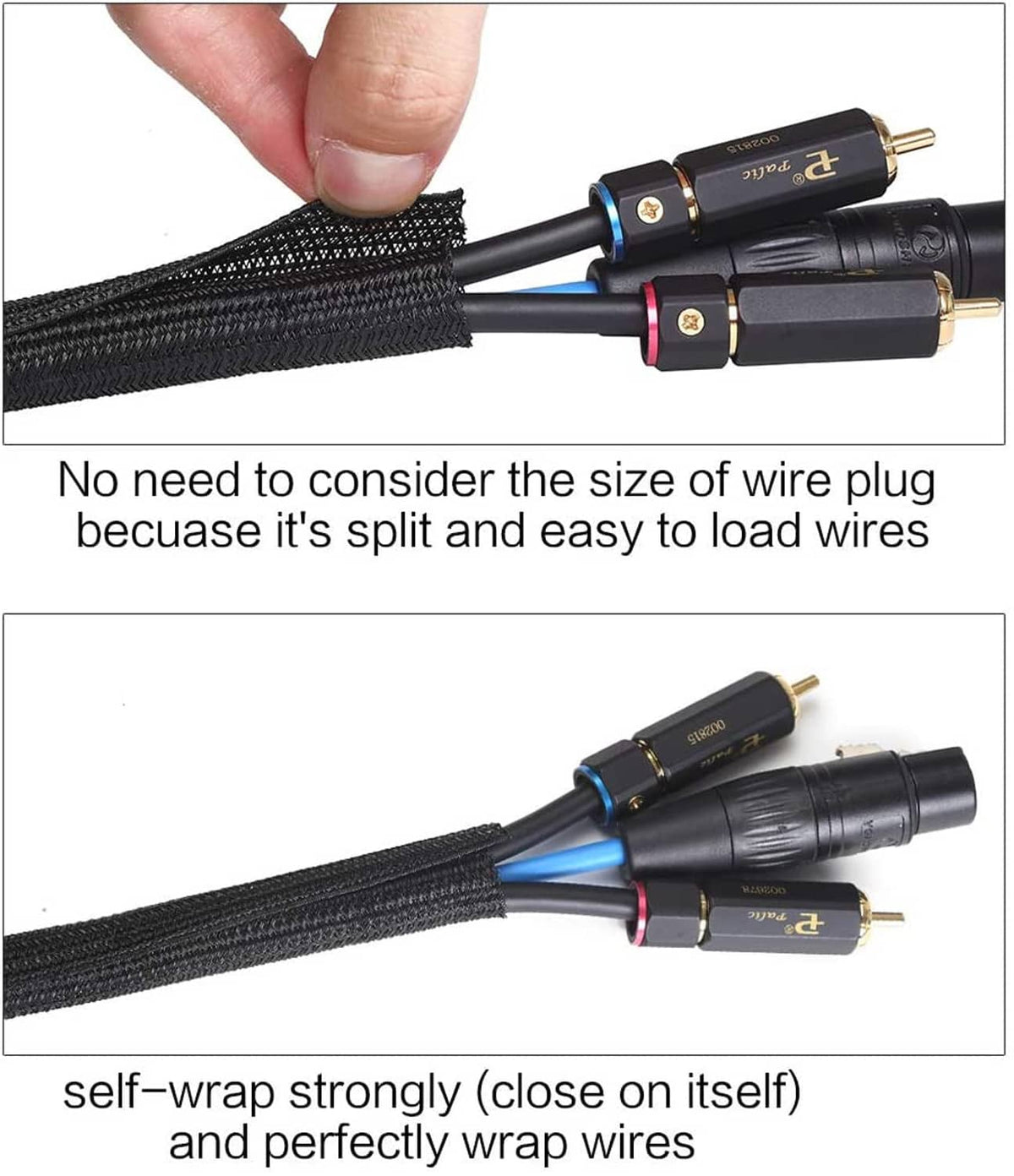 Black split loom sleeve around power plugs and blue wires