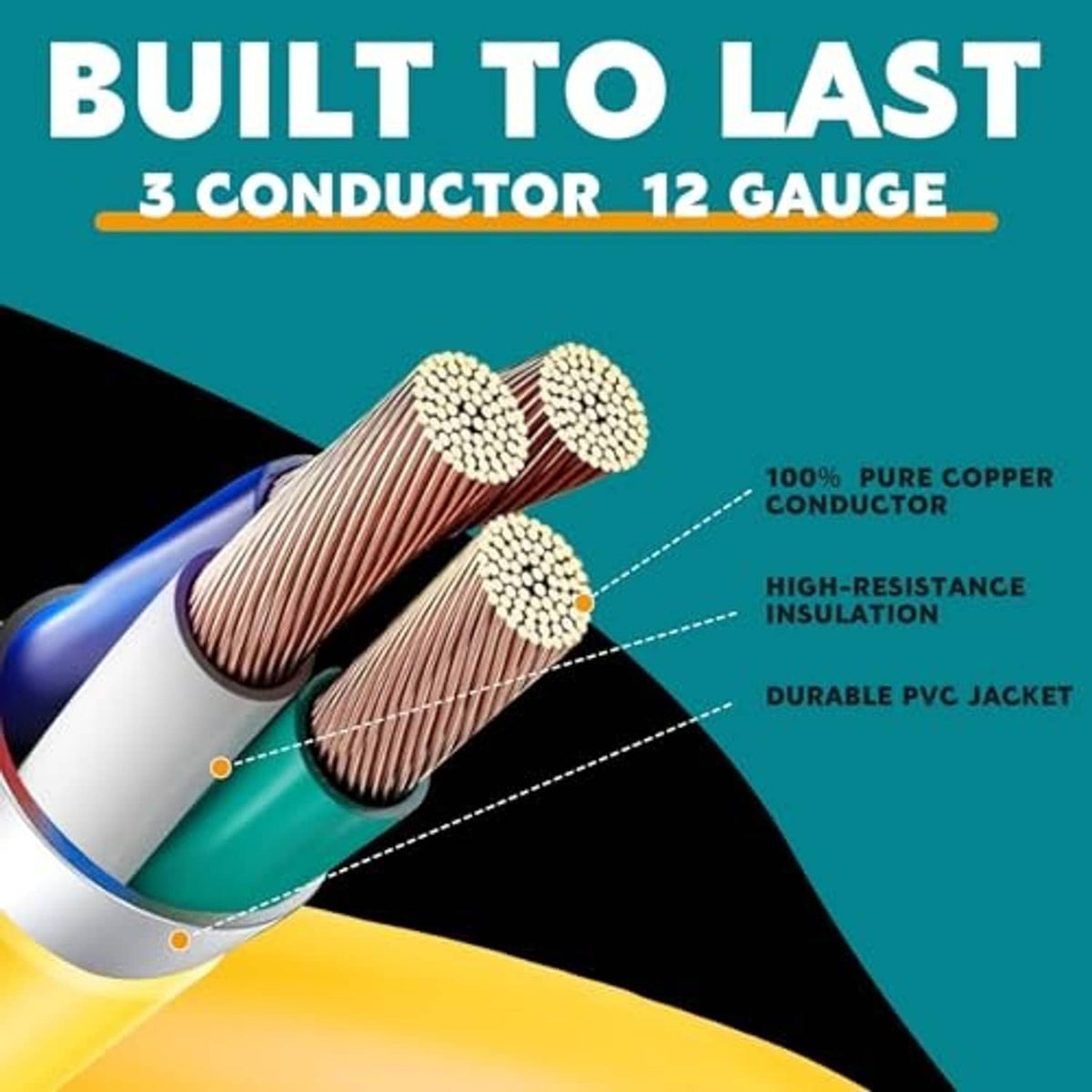 Cutaway of 12-gauge 3-conductor generator cord with copper strands and PVC jacket