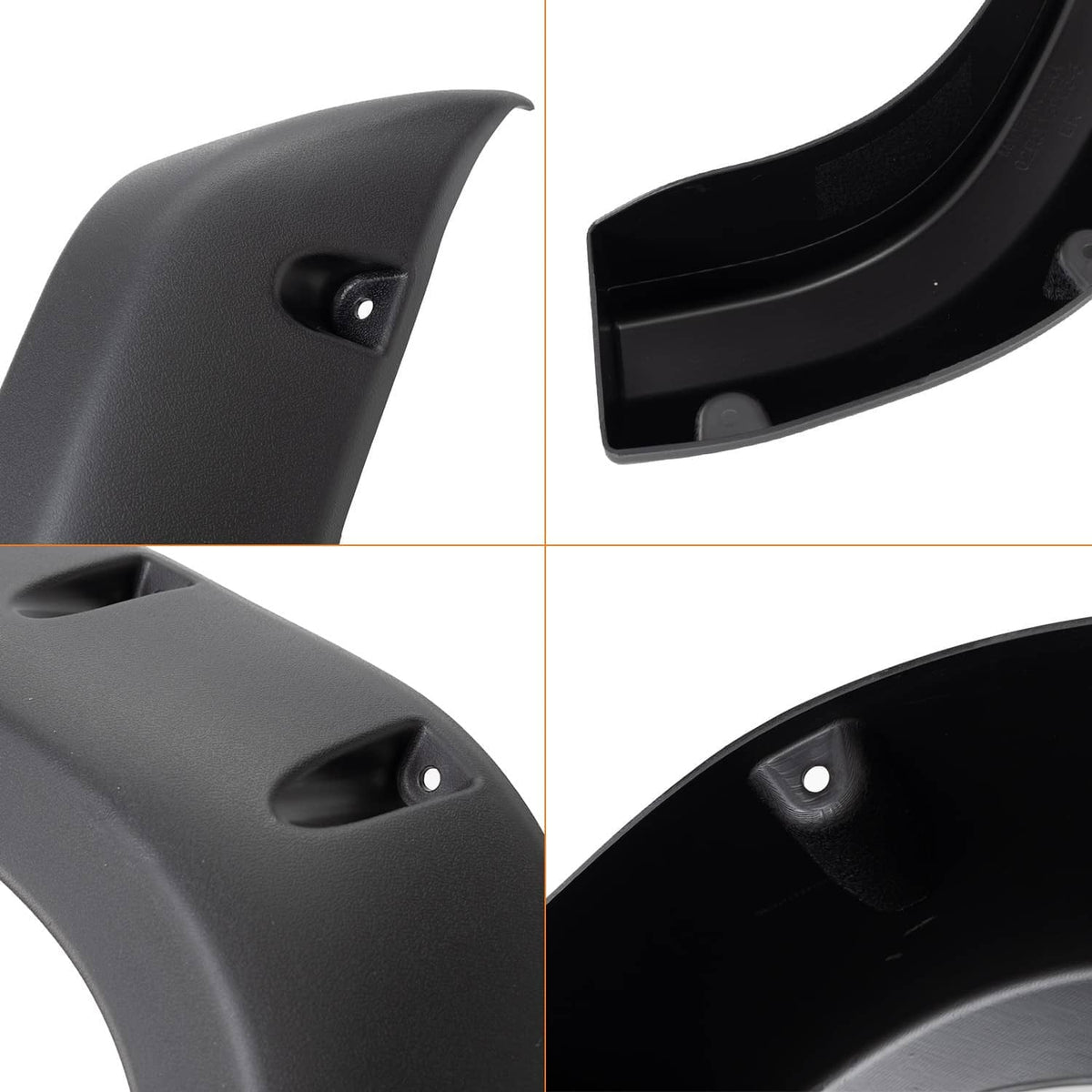 Close-up of black textured fender flare with circular mounting holes