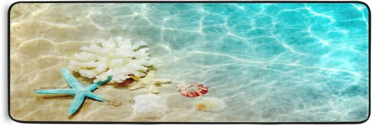 Teal ocean bath rug with starfish and seashell print, rounded corners, black border