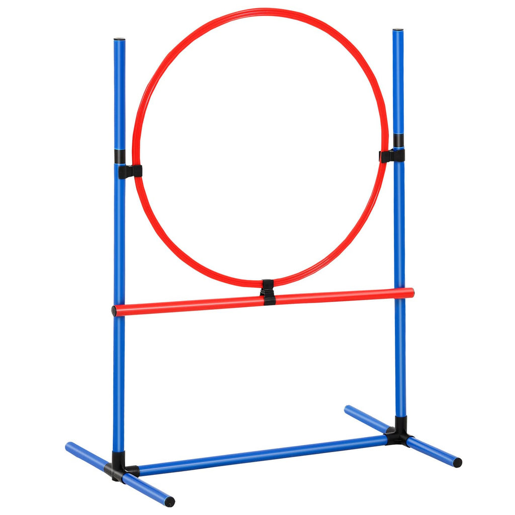 Blue hoop jump obstacle with red circular hoop and red bar for dog training