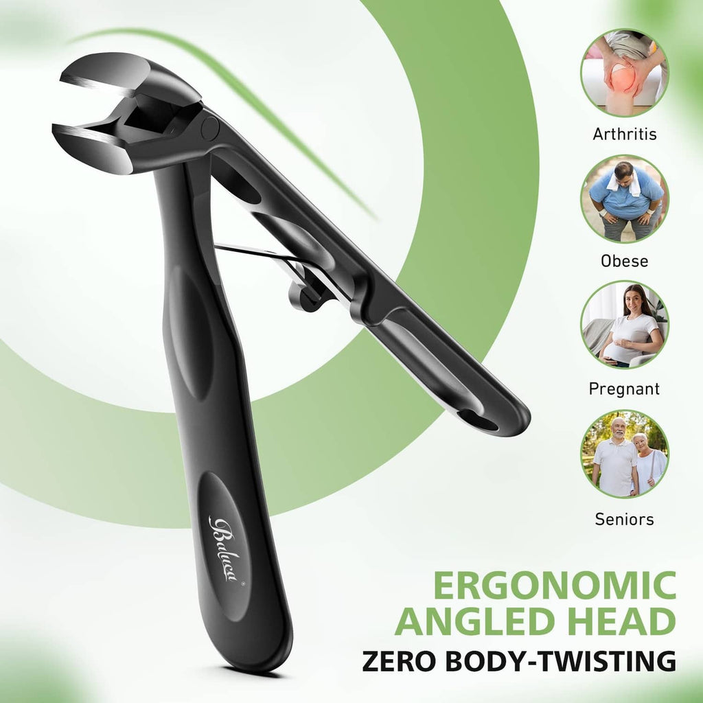 Black ergonomic angled toenail clipper with long grip handles