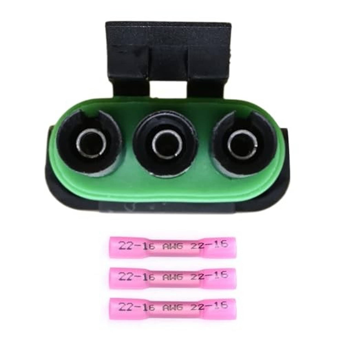 Throttle position sensor connector pigtail, green base with three round terminal sockets