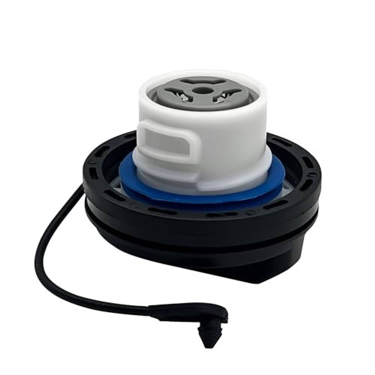 Fuel filler cap assembly with white cap, blue seal, black base, and attached cord