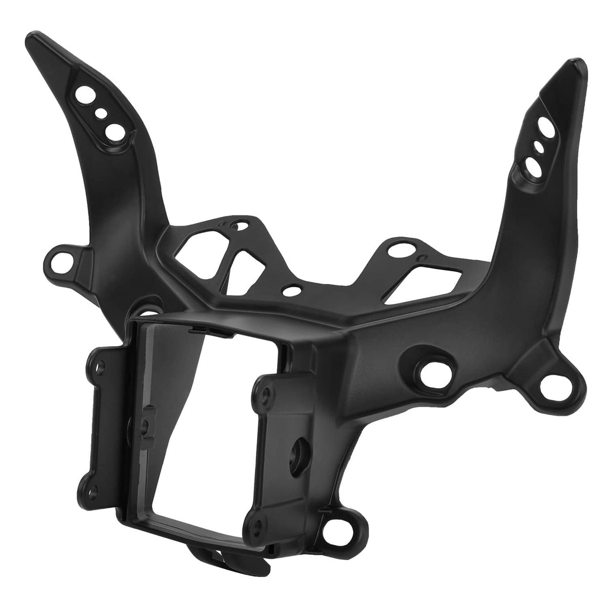 Motorcycle upper fairing stay bracket, black with dual side plates and central cutout
